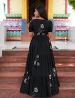 Navy Rayon Botanical Print Gathering Frock Night Gown with Front Tie - Mangai Nighties