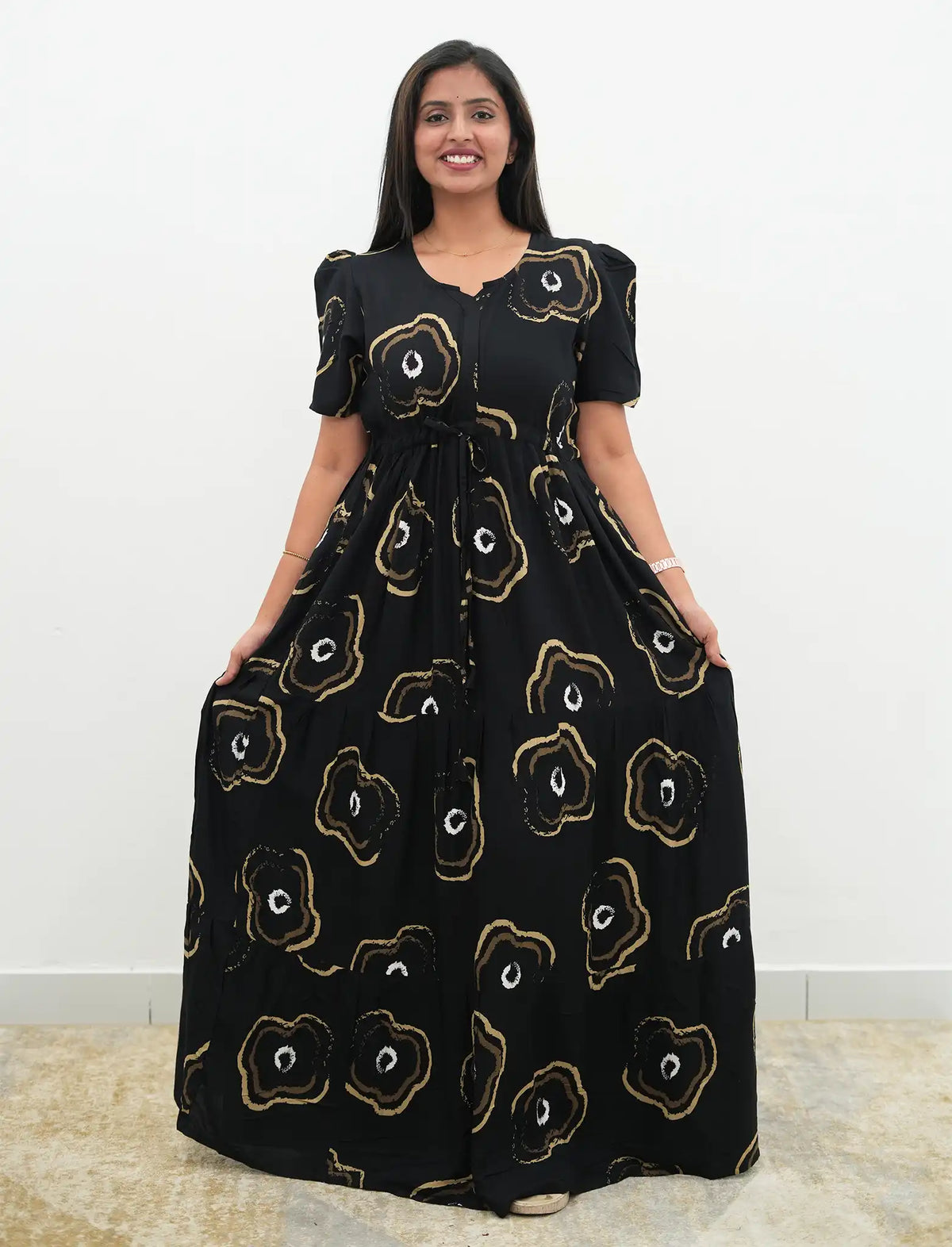 Black Rayon Abstract Print Gathering Long Frock with Front Tie Rope - Mangai Nighties