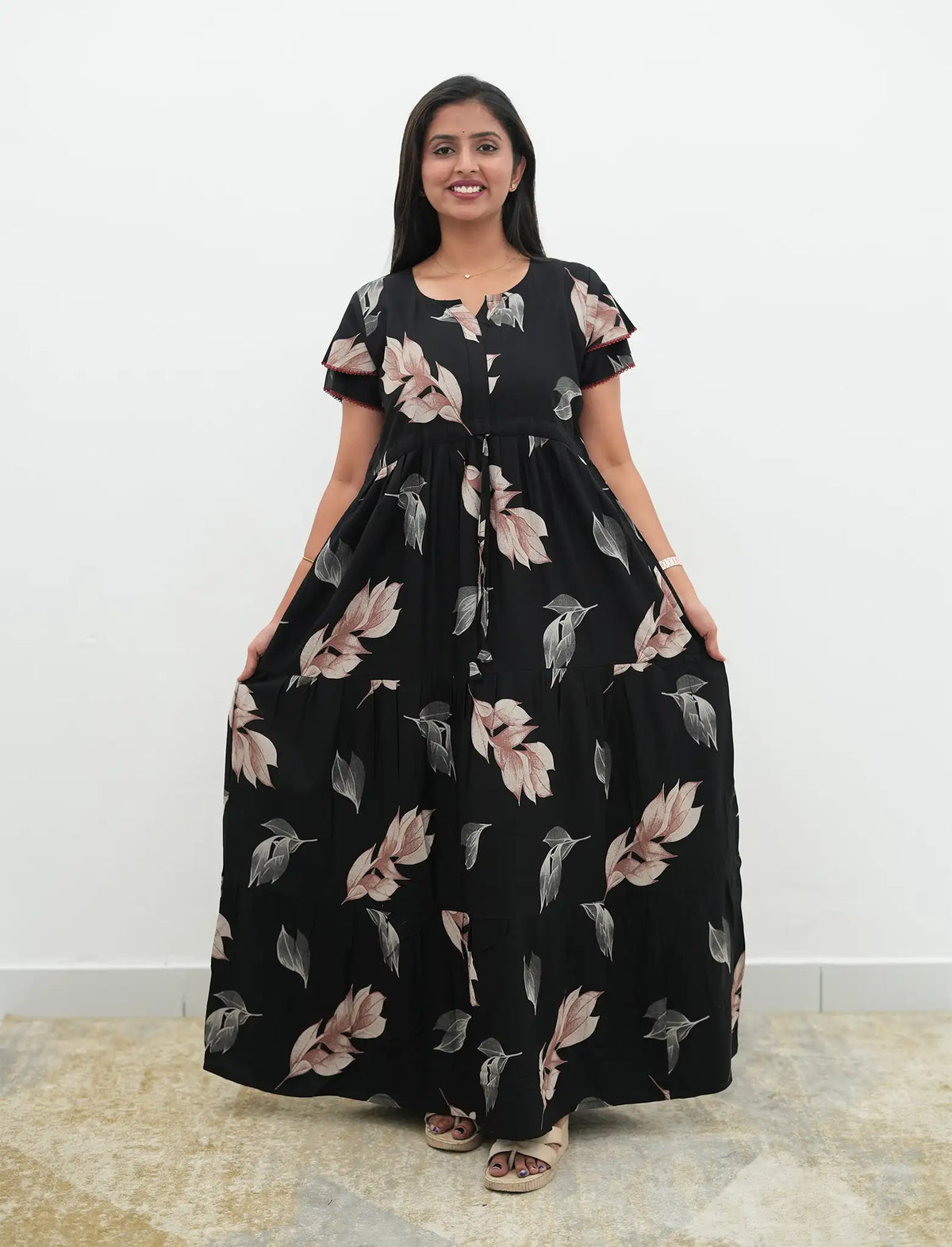 Black Rayon Leaf Print Gathering Full Frock with Front Adjustable Rope - Mangai Nighties