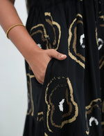 Black Rayon Abstract Print Gathering Long Frock with Front Tie Rope - Mangai Nighties
