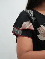 Black Rayon Leaf Print Gathering Full Frock with Front Adjustable Rope - Mangai Nighties