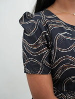 Black Rayon Wave Print Gathering Frock Nighty with Puff Sleeve - Mangai Nighties