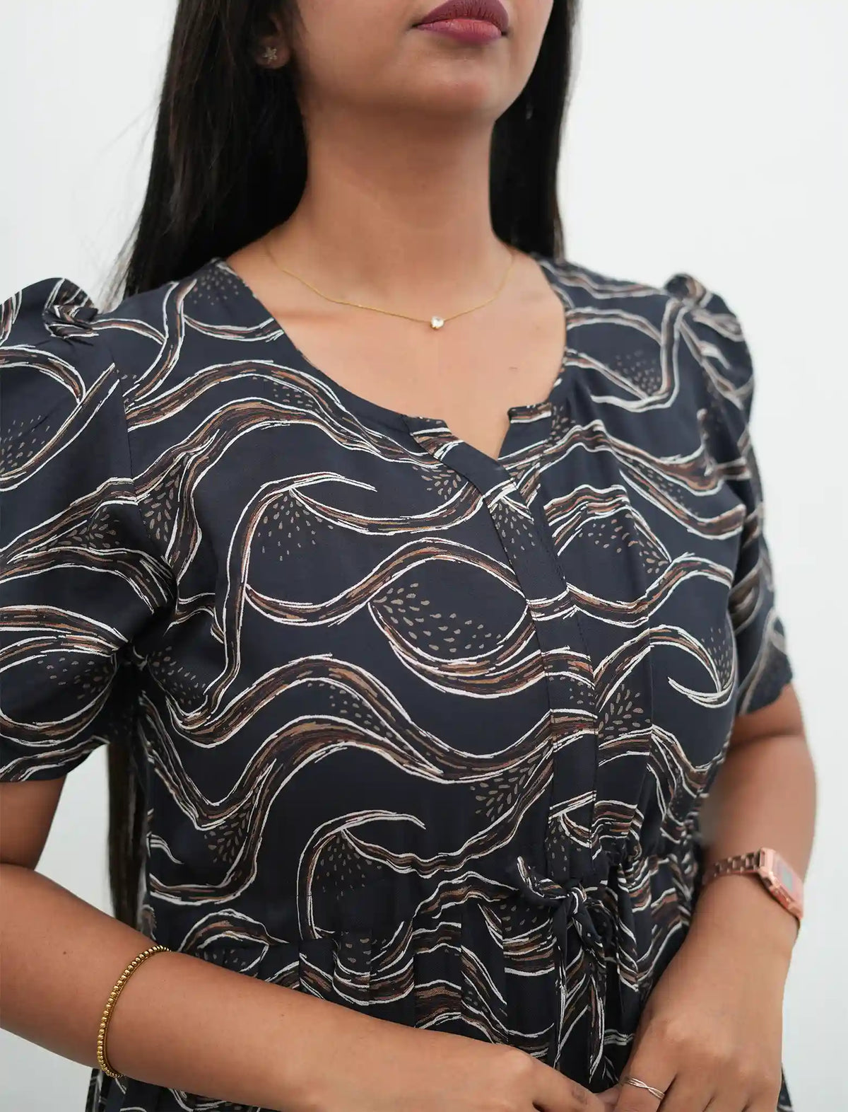 Black Rayon Wave Print Gathering Frock Nighty with Puff Sleeve - Mangai Nighties