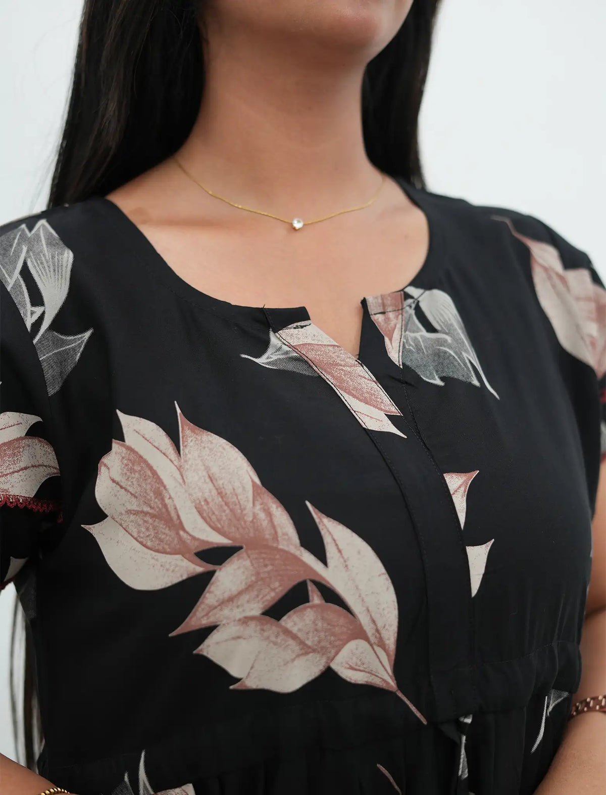 Black Rayon Leaf Print Gathering Full Frock with Front Adjustable Rope - Mangai Nighties