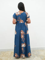 Steel Blue Rayon Floral Gathering Frock Nighty with Double Layer Sleeve - Mangai Nighties