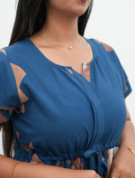Steel Blue Rayon Floral Gathering Frock Nighty with Double Layer Sleeve - Mangai Nighties