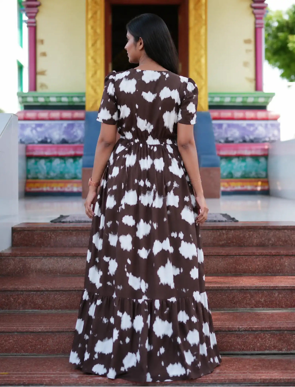 Chocolate Brown Rayon Abstract Print Gathering Frock Nighty Puff Sleeve - Mangai Nighties