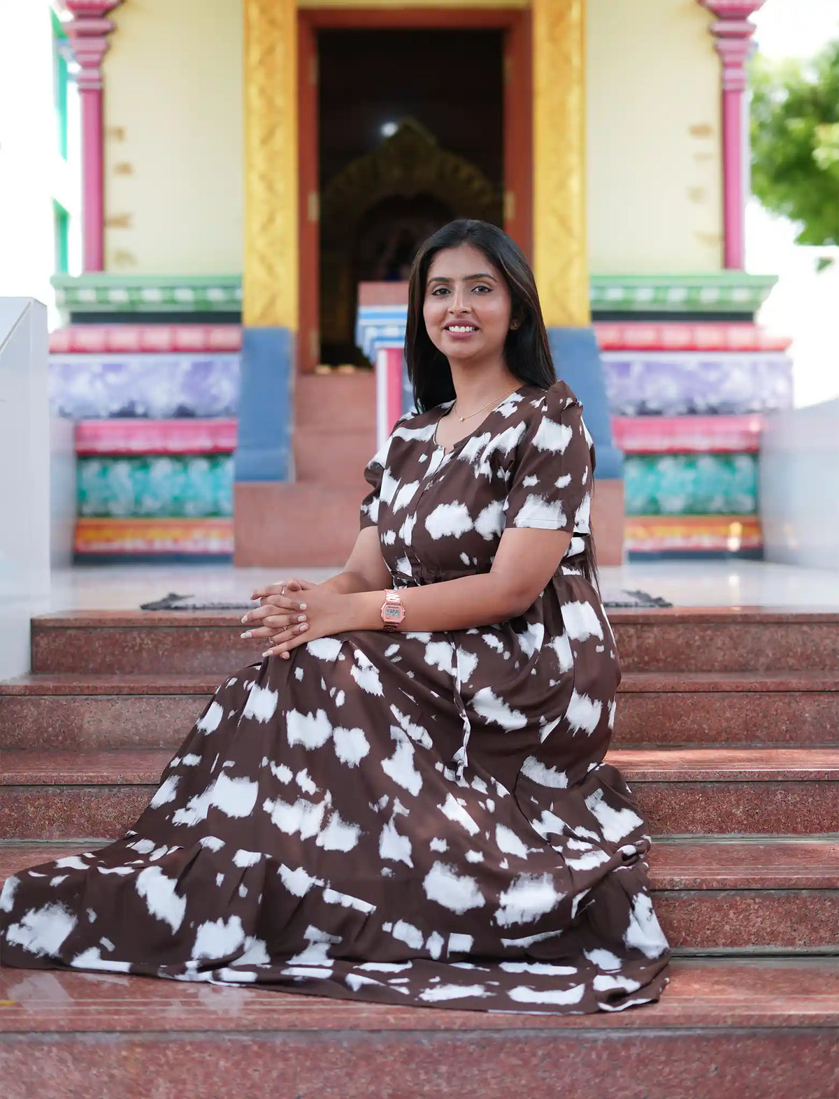 Chocolate Brown Rayon Abstract Print Gathering Frock Nighty Puff Sleeve - Mangai Nighties