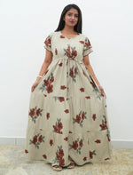 Cream Beige Floral Rayon Gathering Frock Nighty with Side Pocket - Mangai Nighties