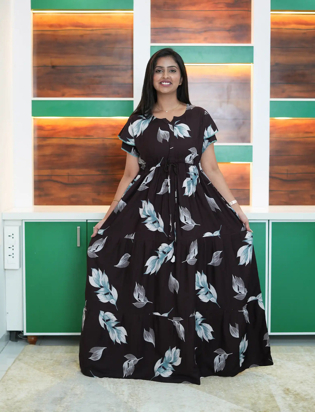 Black Rayon Leaf Print Gathering Full Frock with Front Adjustable Rope - Mangai Nighties