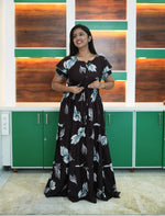 Black Rayon Leaf Print Gathering Full Frock with Front Adjustable Rope - Mangai Nighties