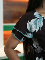 Black Rayon Leaf Print Gathering Full Frock with Front Adjustable Rope - Mangai Nighties