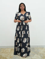 Mustard Rayon Floral Print Gathering Frock with Front Tie - Mangai Nighties