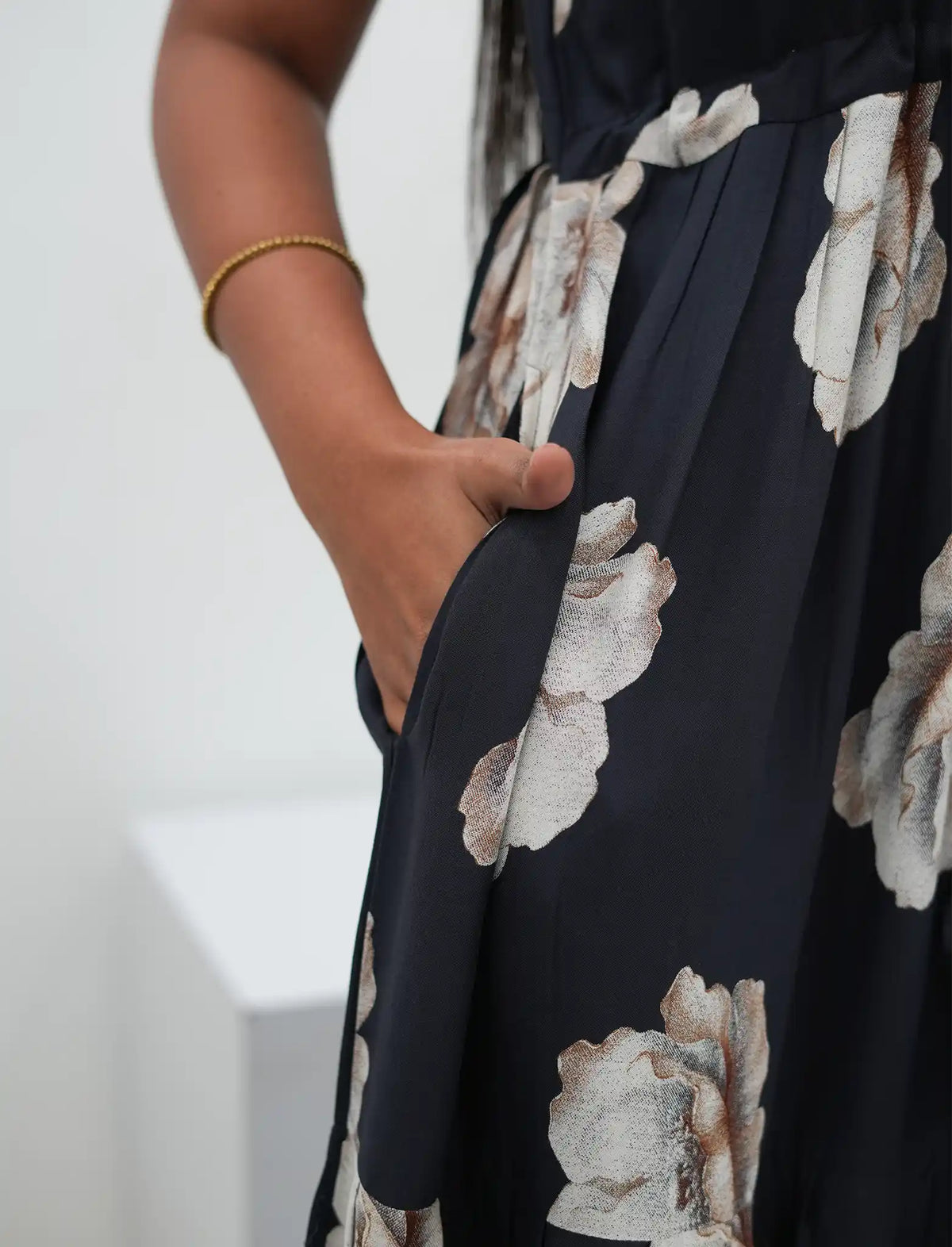 Mustard Rayon Floral Print Gathering Frock with Front Tie - Mangai Nighties