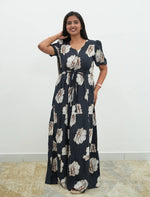 Mustard Rayon Floral Print Gathering Frock with Front Tie - Mangai Nighties