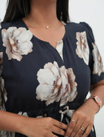 Mustard Rayon Floral Print Gathering Frock with Front Tie - Mangai Nighties