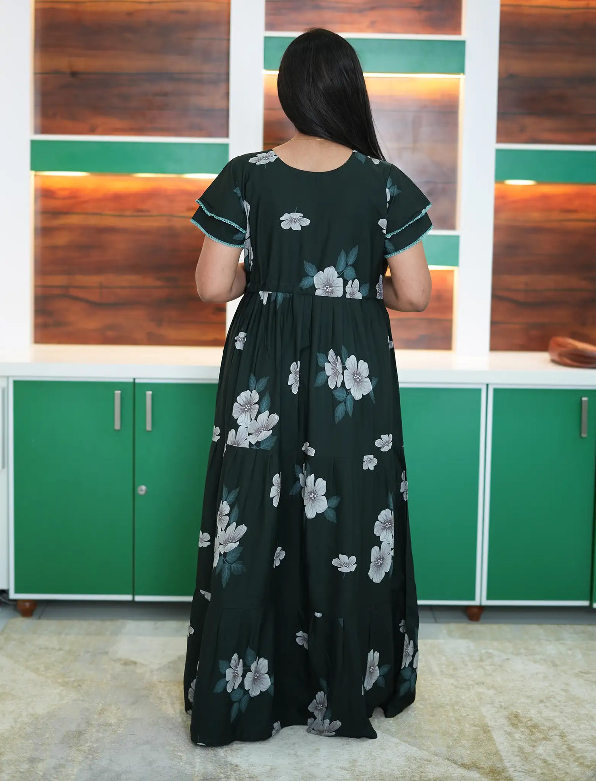 Cream Beige Floral Rayon Gathering Frock Nighty with Side Pocket - Mangai Nighties