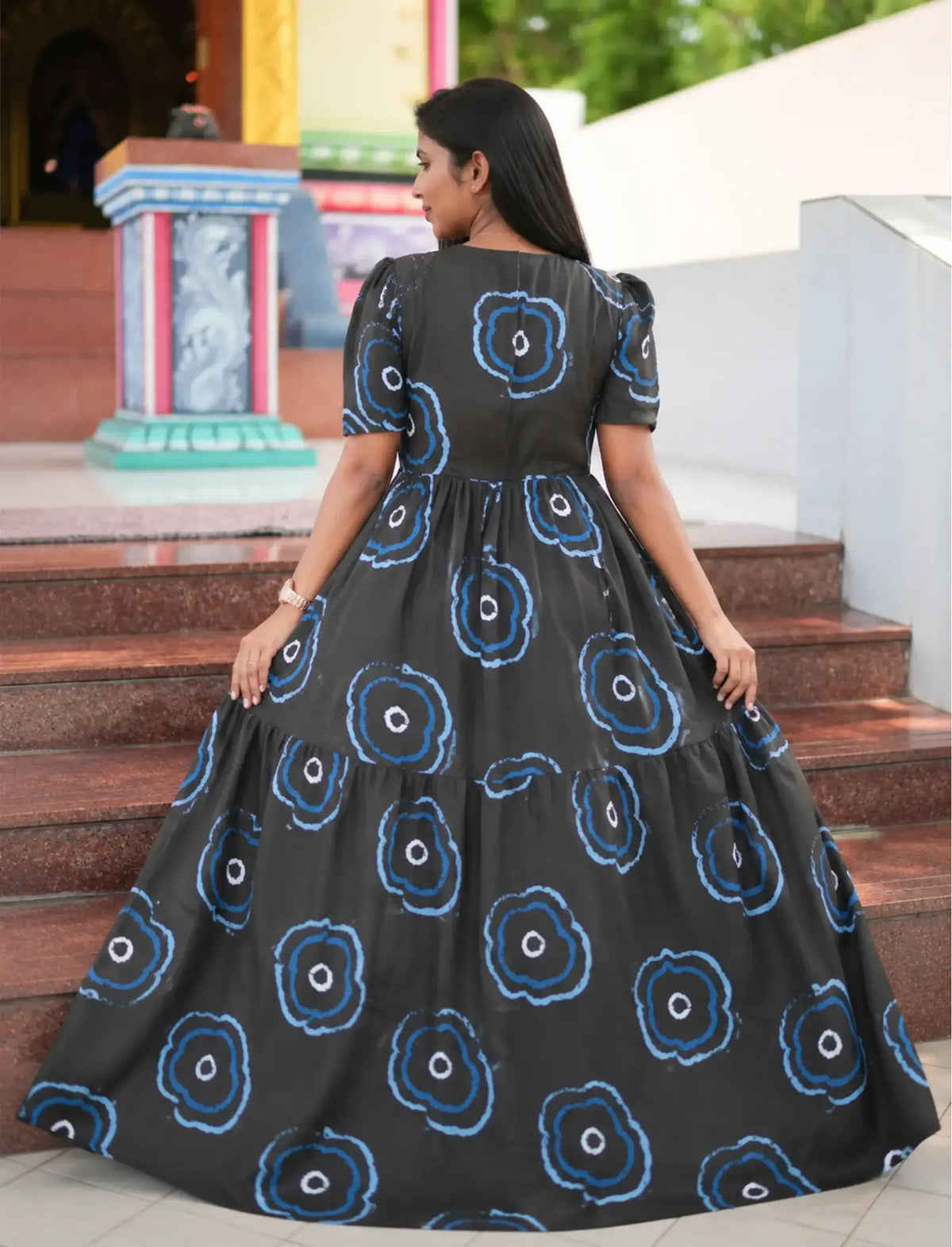 Black Rayon Abstract Print Gathering Long Frock with Front Tie Rope - Mangai Nighties