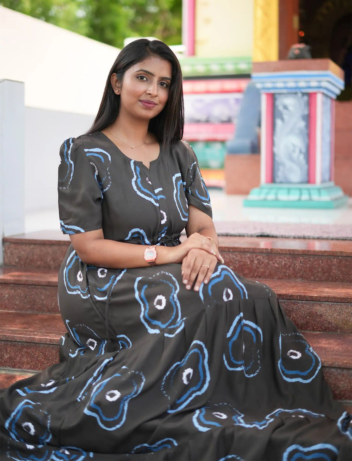 Grey Rayon Gathering Dress with Puff Sleeves and Front Tie Rope - Mangai Nighties