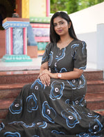 Black Rayon Abstract Print Gathering Long Frock with Front Tie Rope - Mangai Nighties