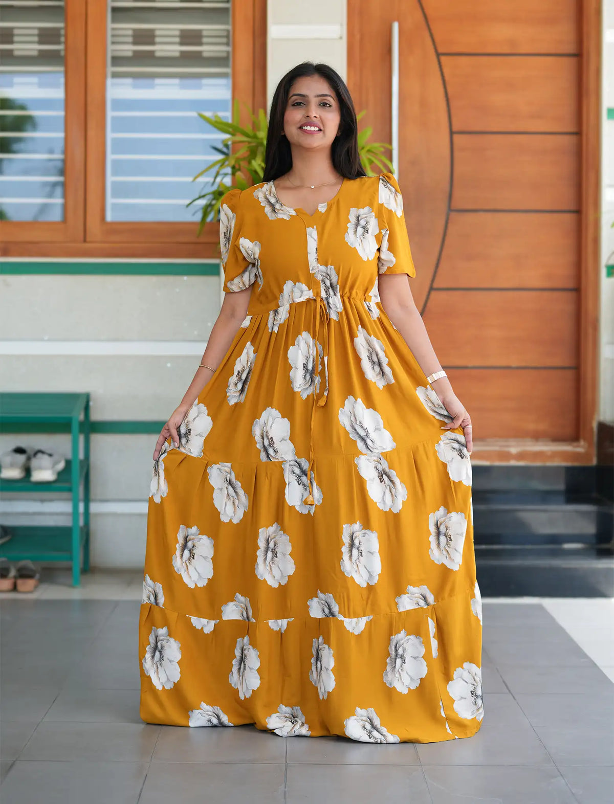 Mustard Rayon Floral Print Gathering Frock with Front Tie - Mangai Nighties