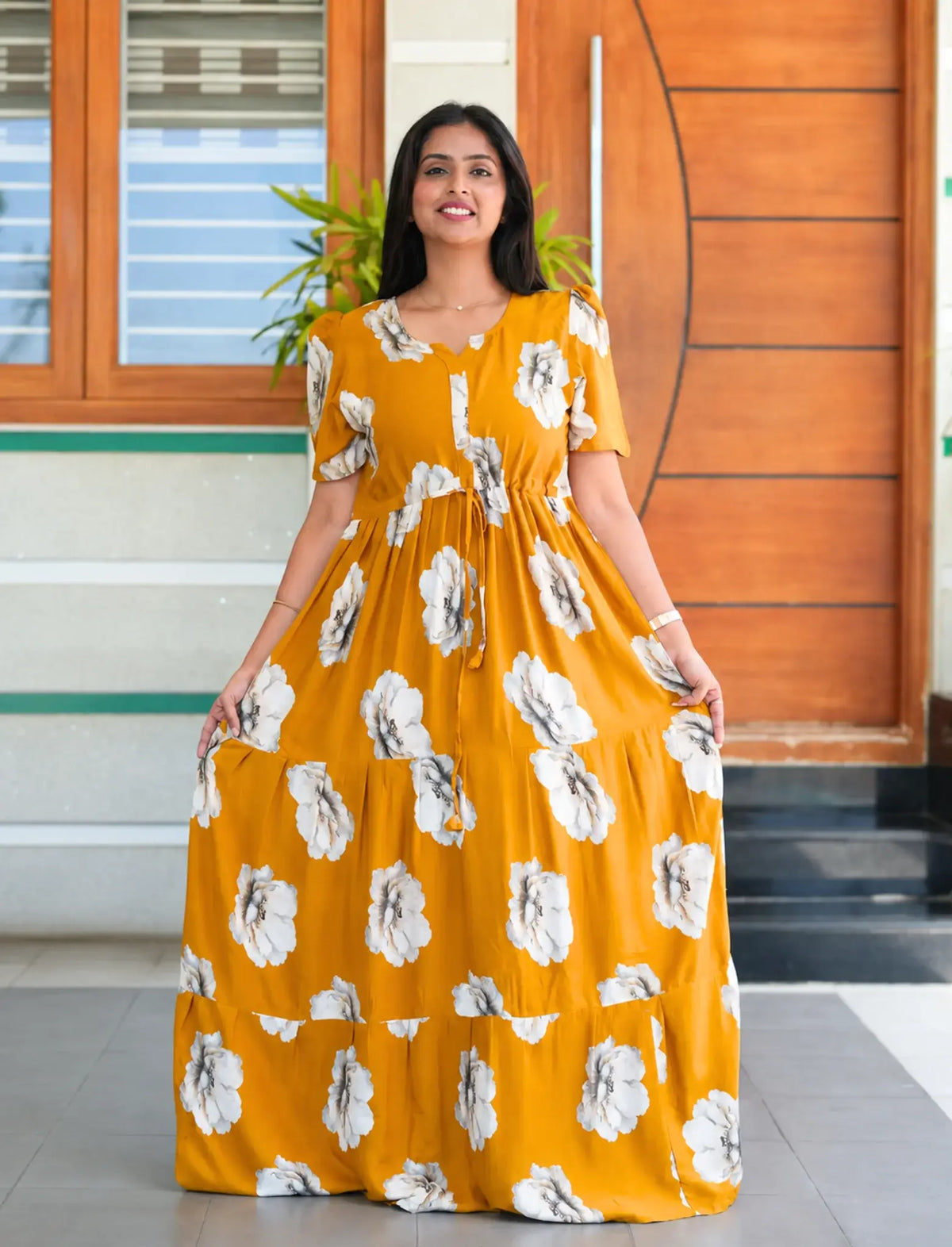 Mustard Rayon Floral Print Long Frock - Mangai Nighties