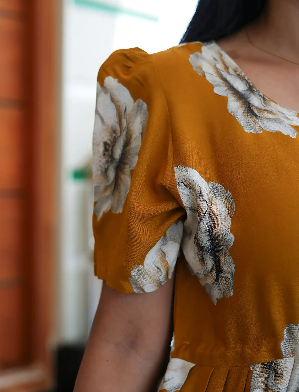 Mustard Rayon Floral Print Gathering Frock with Front Tie - Mangai Nighties