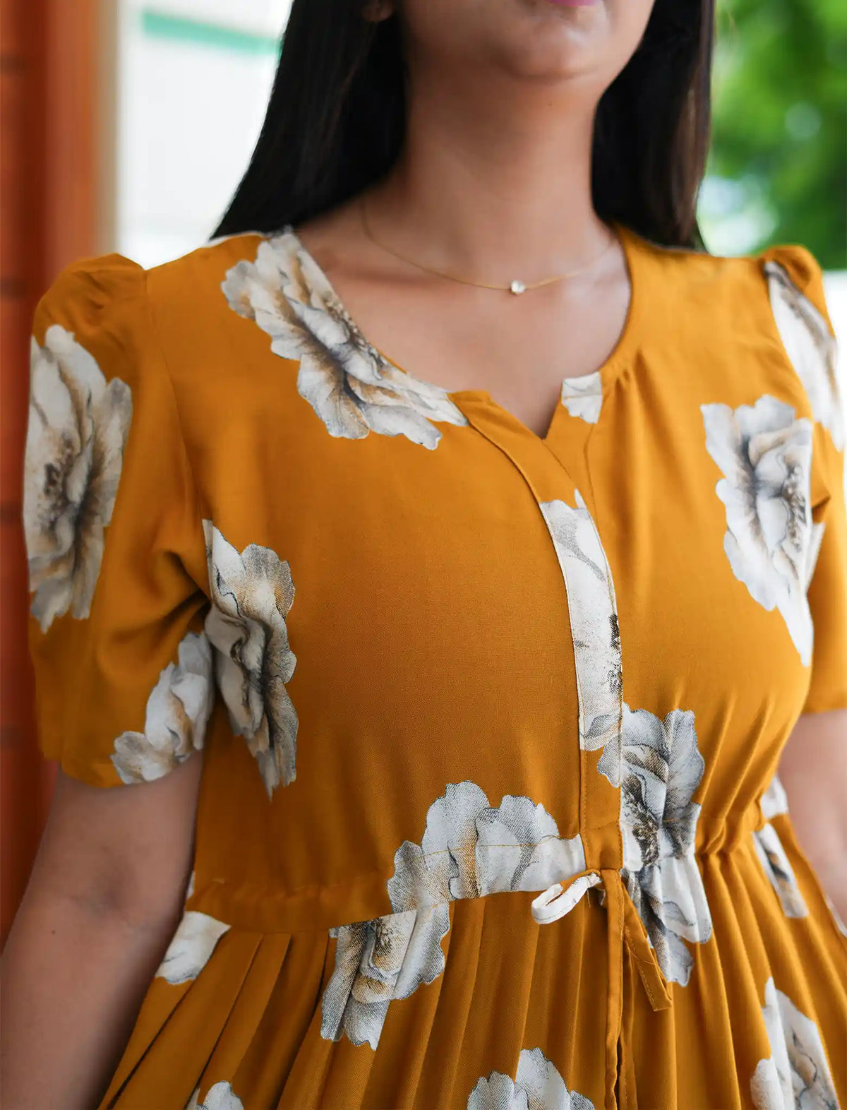 Mustard Rayon Floral Print Gathering Frock with Front Tie - Mangai Nighties