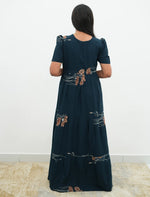 Navy Rayon Botanical Print Gathering Frock Night Gown with Front Tie - Mangai Nighties
