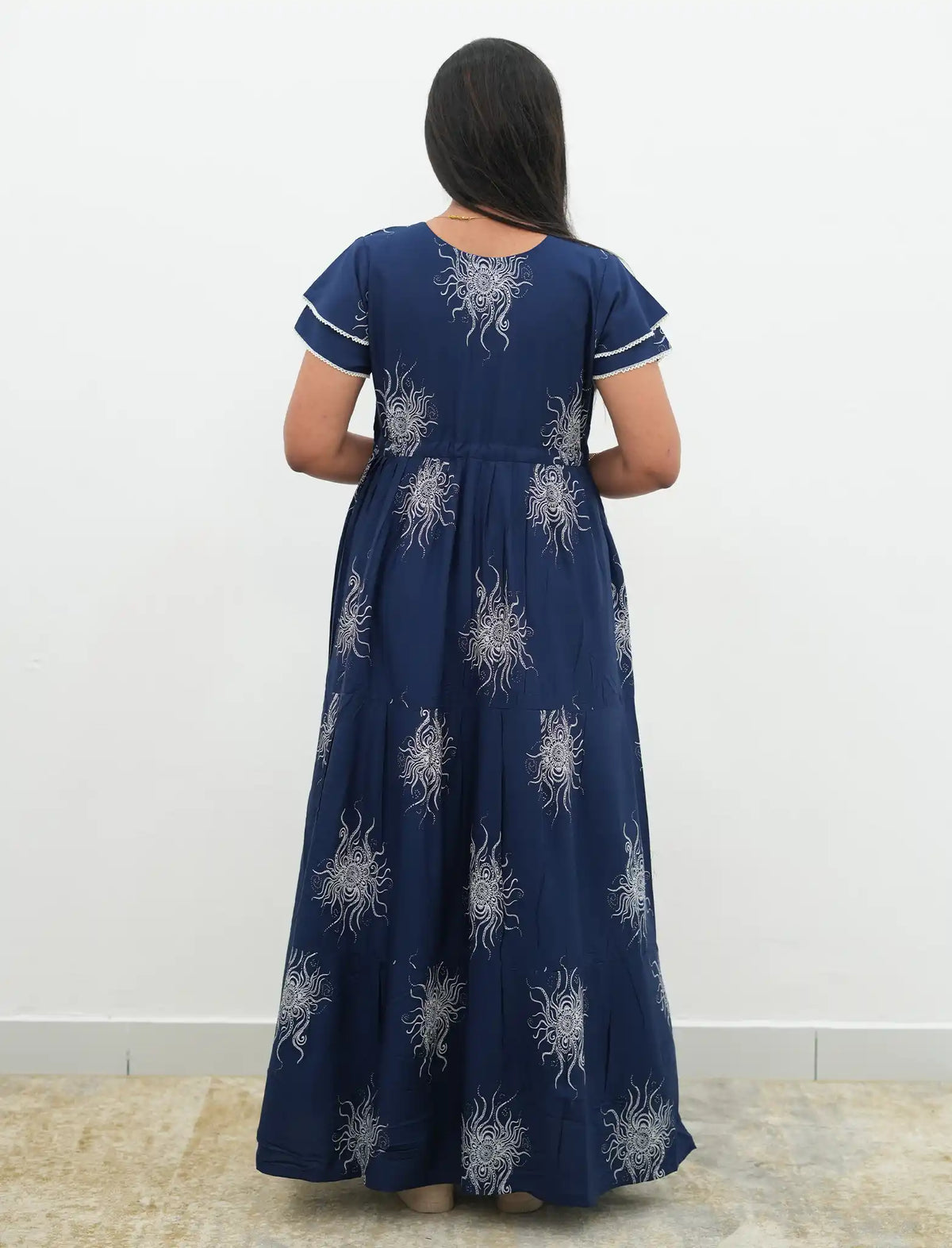 Navy Blue Rayon Sunburst Print Gathering Frock Nighty with Front Tie - Mangai Nighties
