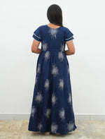 Navy Blue Rayon Sunburst Print Gathering Frock Nighty with Front Tie - Mangai Nighties