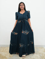 Navy Rayon Botanical Print Gathering Frock Night Gown with Front Tie - Mangai Nighties