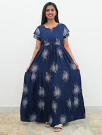 Navy Blue Rayon Sunburst Print Gathering Frock Nighty with Front Tie - Mangai Nighties