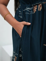 Navy Rayon Botanical Print Gathering Frock Night Gown with Front Tie - Mangai Nighties