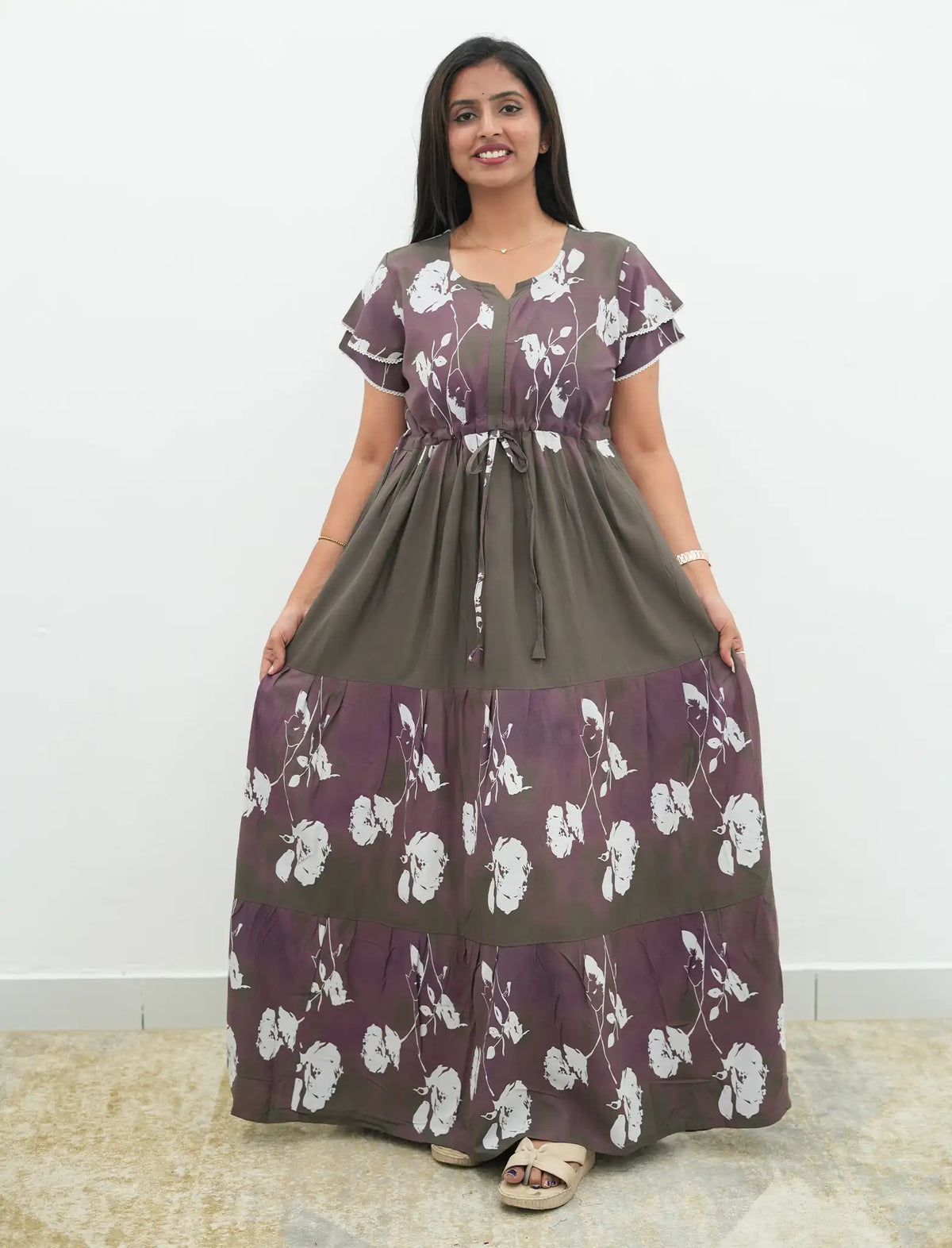 Brown Rayon Vintage Floral Gathering Frock with Double Layer Sleeve's - Mangai Nighties