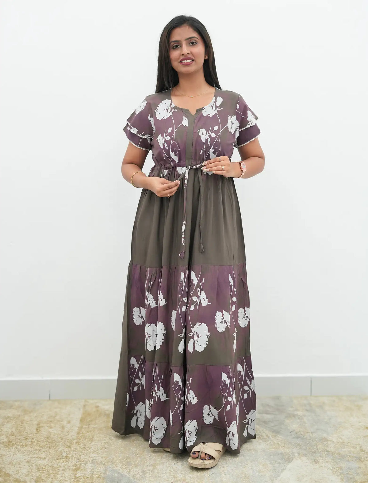 Brown Rayon Vintage Floral Gathering Frock with Double Layer Sleeve's - Mangai Nighties