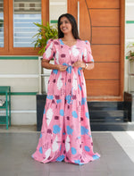 Pink Rayon Abstract Print Gathering Frock Night Gown with Pocket - Mangai Nighties