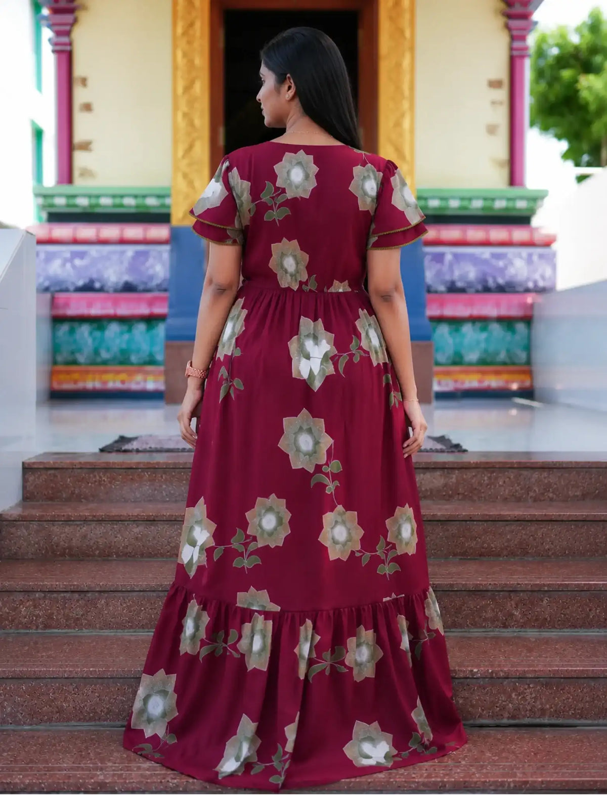 Steel Blue Rayon Floral Gathering Frock Nighty with Double Layer Sleeve - Mangai Nighties