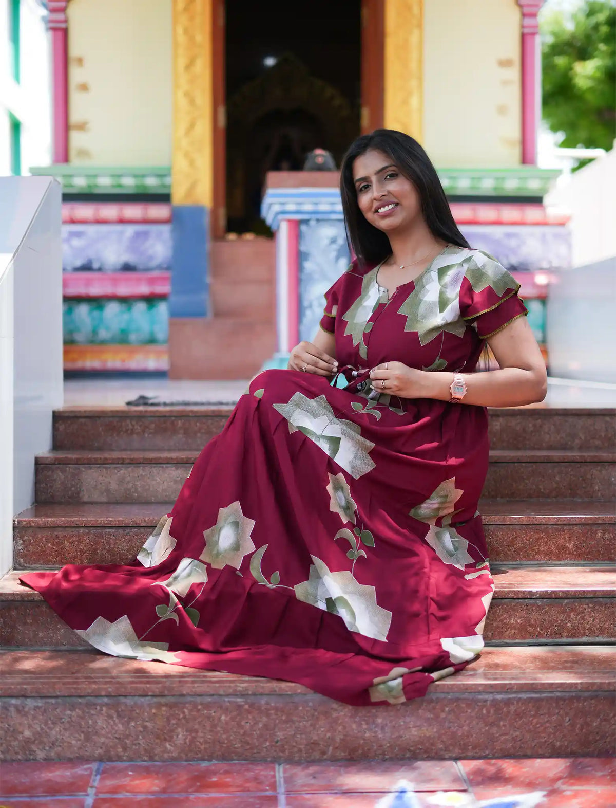 Steel Blue Rayon Floral Gathering Frock Nighty with Double Layer Sleeve - Mangai Nighties