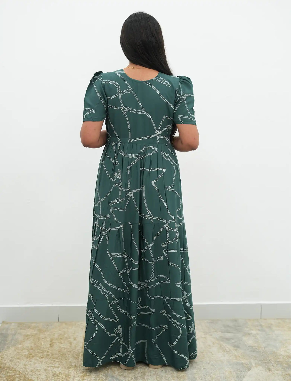 Green Rayon Gathering Frock with Adjustable Front Rope, Puff Sleeves & Side Pocket - Mangai Nighties