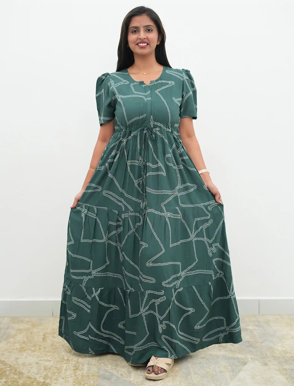 Green Rayon Gathering Frock with Adjustable Front Rope, Puff Sleeves & Side Pocket - Mangai Nighties