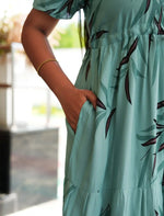 Mint Green Rayon Leaf Print Gathering Long Frock Night Gown with Adjustable Front Rope, Puff Sleeve - Mangai Nighties