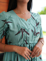 Mint Green Rayon Leaf Print Gathering Long Frock Night Gown with Adjustable Front Rope, Puff Sleeve - Mangai Nighties