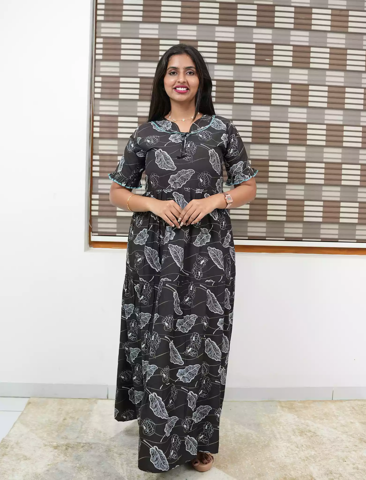 Casual Charcoal Grey Printed Long Frock with Bow Neck Side View - Mangai Nighties