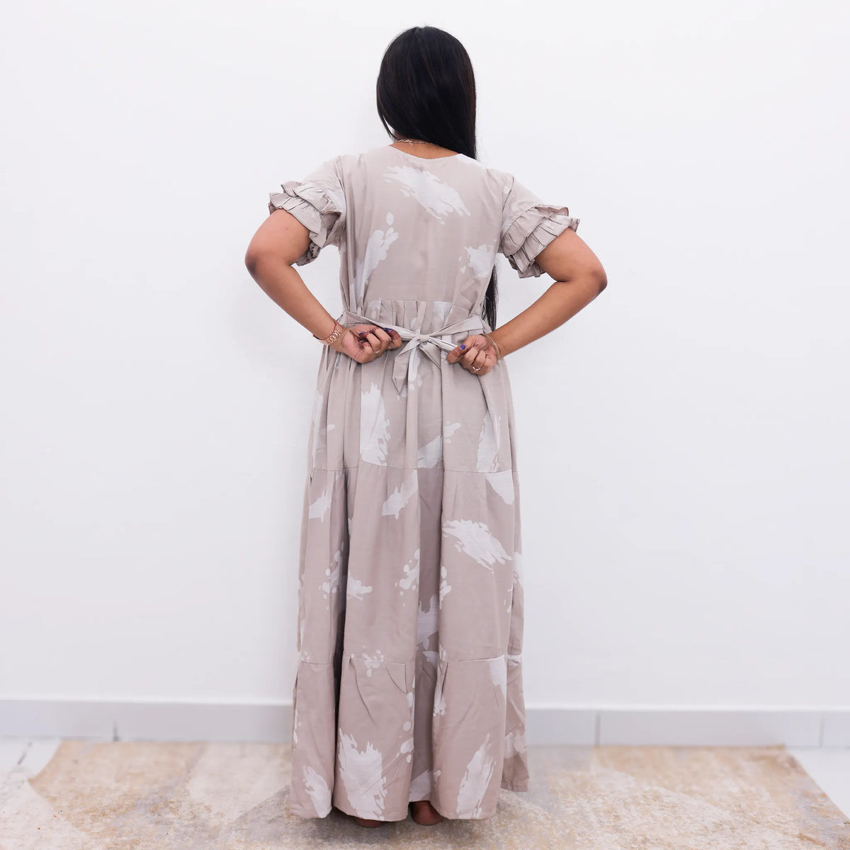 Beige Rayon Maxi Frock Back Tie Rope Side Pocket - Mangai Nighties
