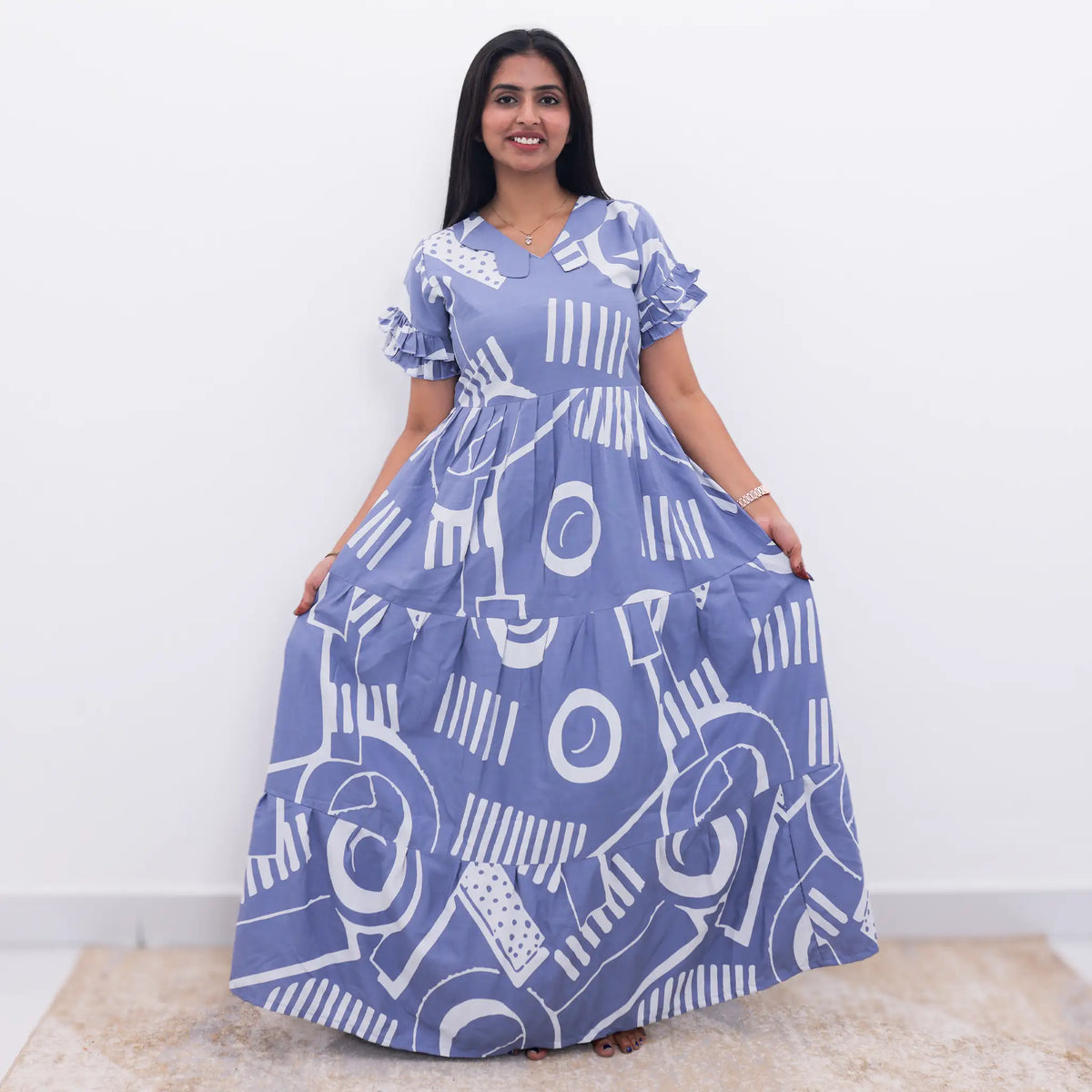 Blue printed long flared rayon frock with Peter Pan-inspired collar - Mangai Nighties