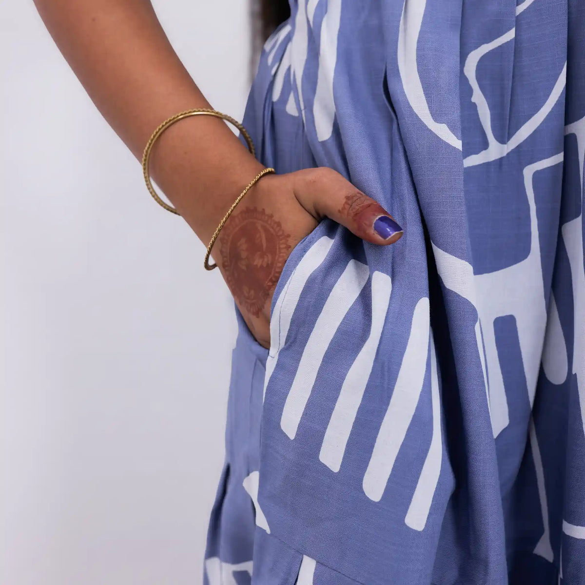 Rayon Blue abstract print long frock and flared silhouette with Back tie Rope - Mangai Nighties