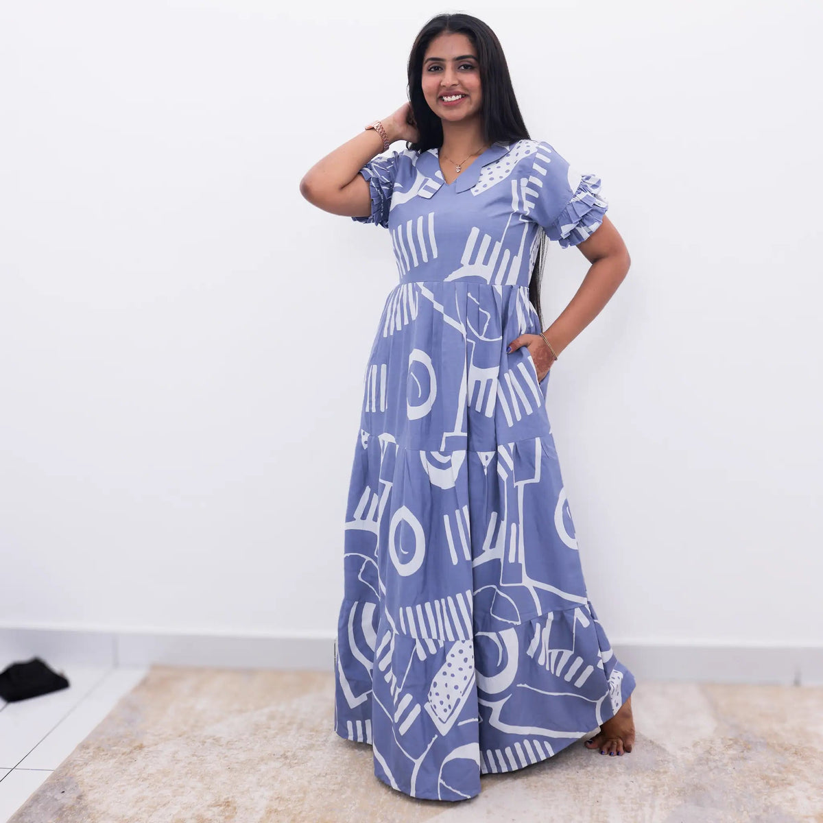 Women's blue rayon maxi frock featuring abstract print for women - Mangai Nighties