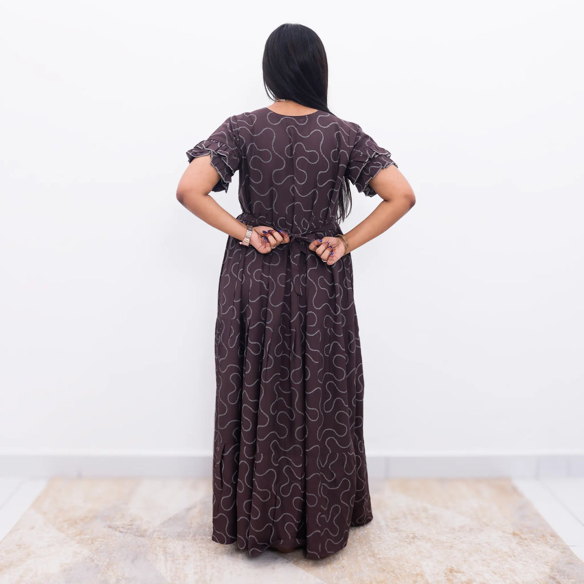 Maroon Rayon Printed Long Frock Back Tie Rope - Mangai Nighties