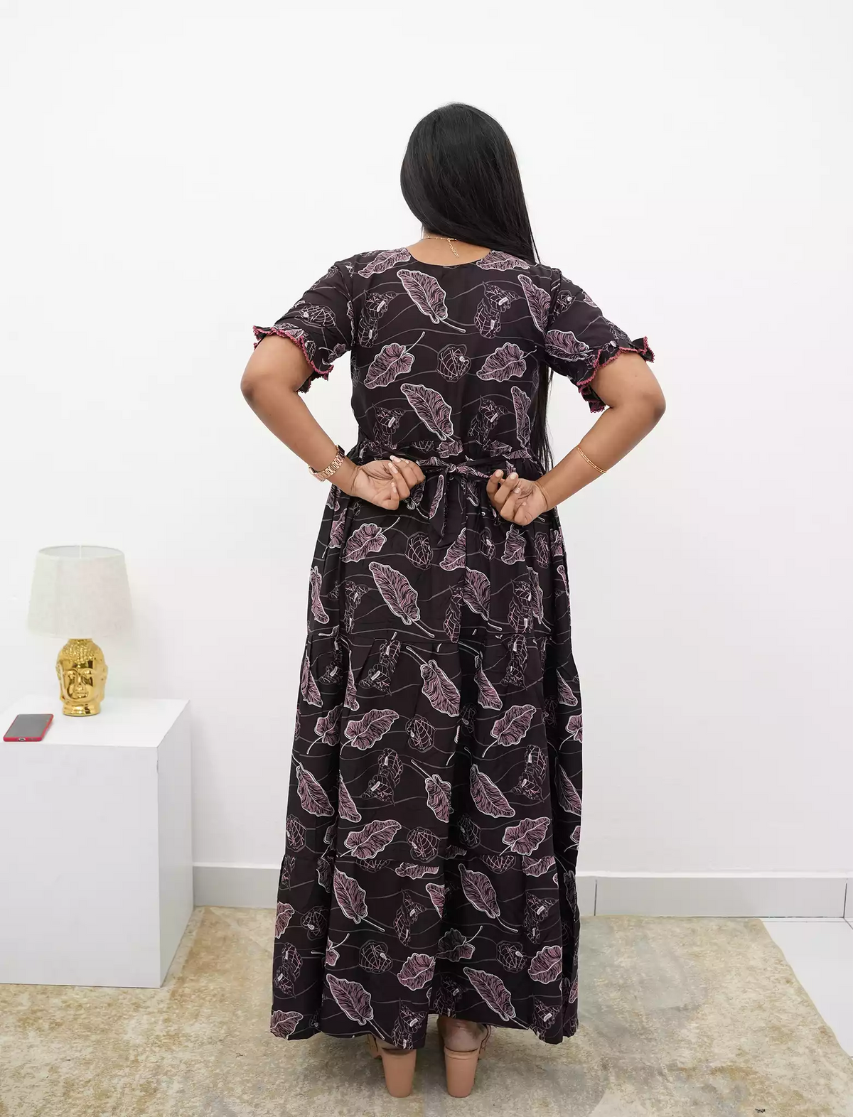 Coffee Brown Rayon Long Frock Back Tie Rope & Side Pocket - Mangai Nighties